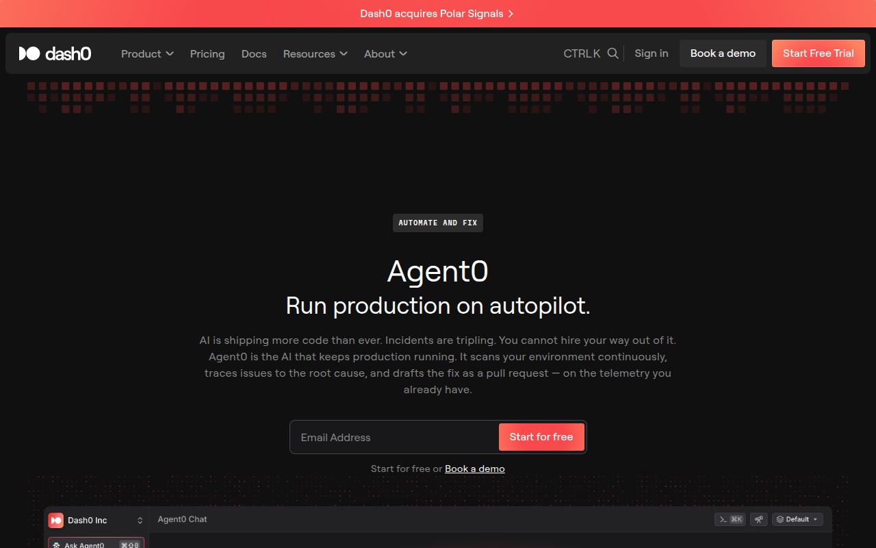 Agent0 by Dash0 product interface